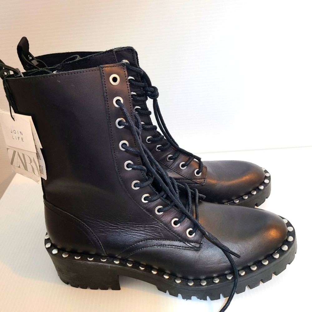Zara Black Lace-Up Combat Boots with Silver Accents